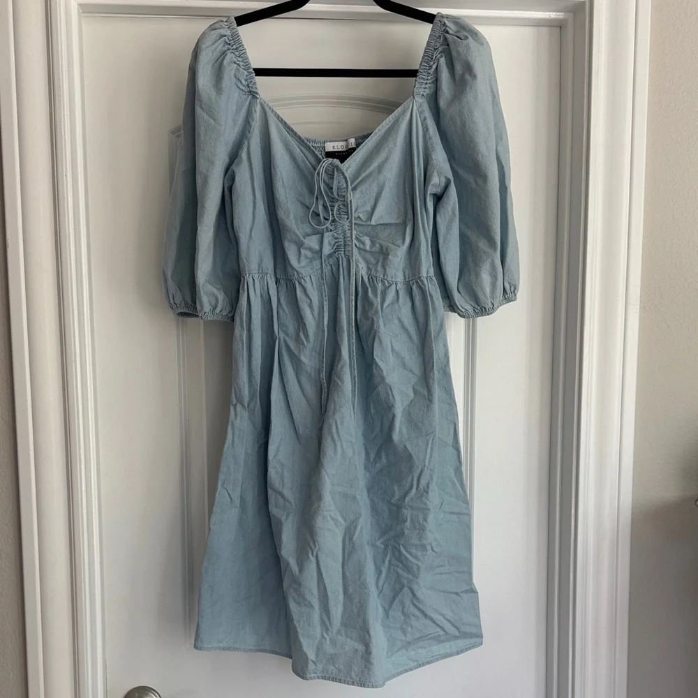 Eloquii Elements Light Chambray Puff Sleeve Shirred Front Dress Size 14 - Picture 6 of 7